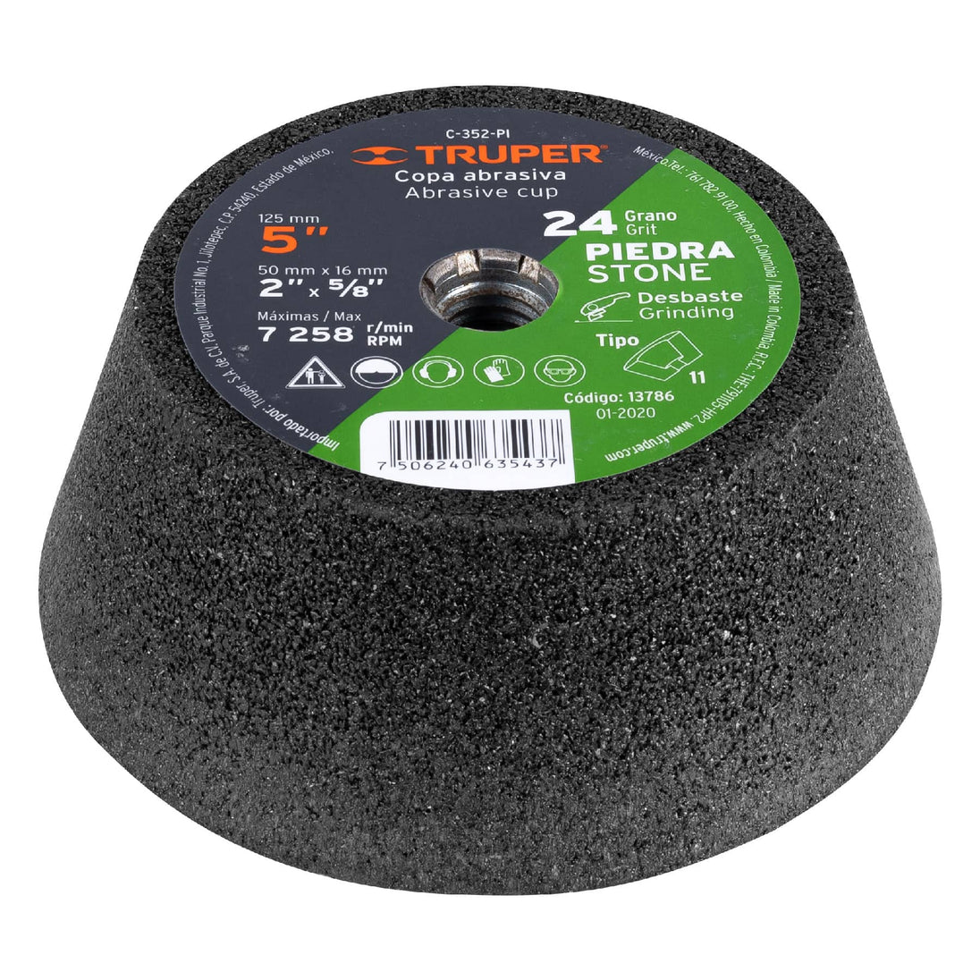 C-352-PI Copa desbaste de piedra 5" grano 24, eje 5/8-11, Truper