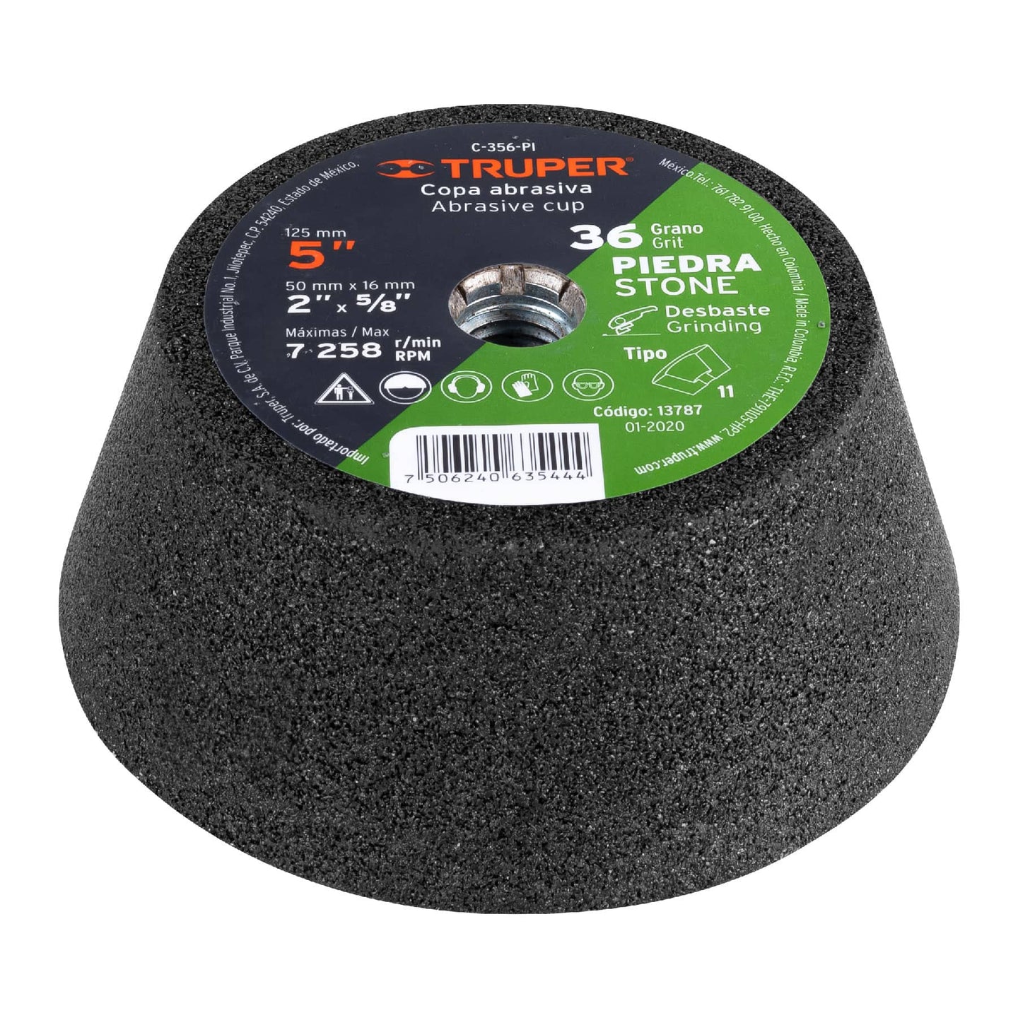 C-356-PI Copa desbaste de piedra 5" grano 36, eje 5/8-11, Truper