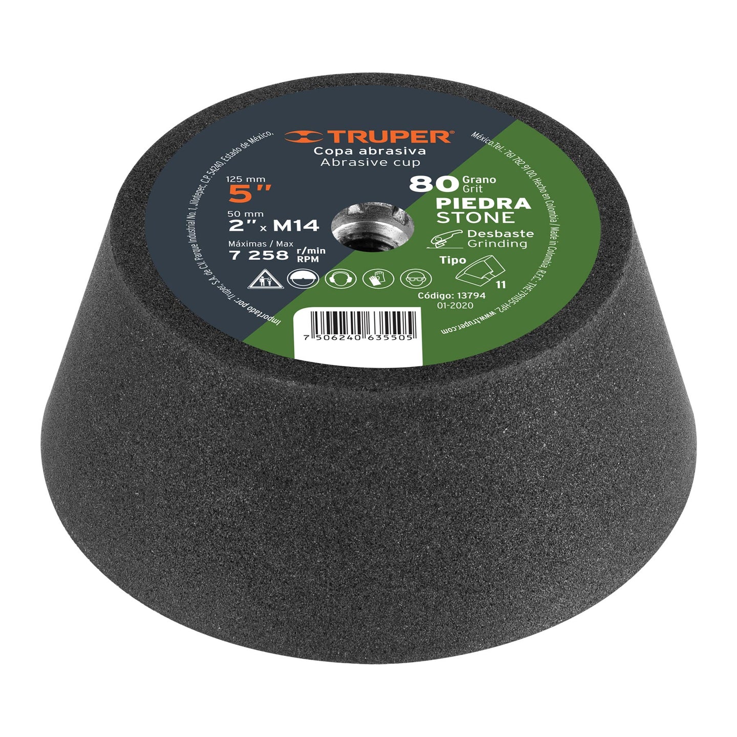 C-360-PI Copa desbaste de piedra 5" grano 80, eje M14, Truper
