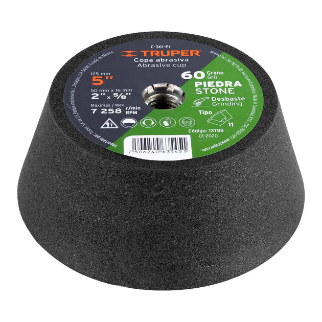 C-361-PI Copa desbaste de piedra 5" grano 60, eje 5/8-11, Truper