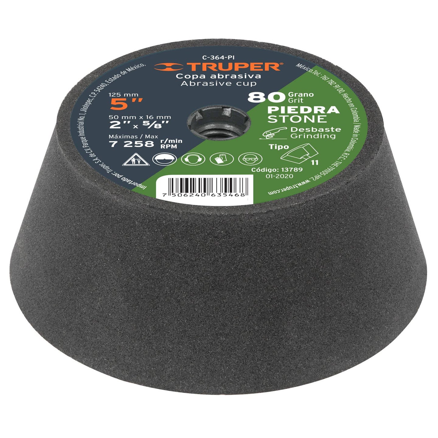 C-364-PI Copa desbaste de piedra 5" grano 80, eje 5/8-11, Truper