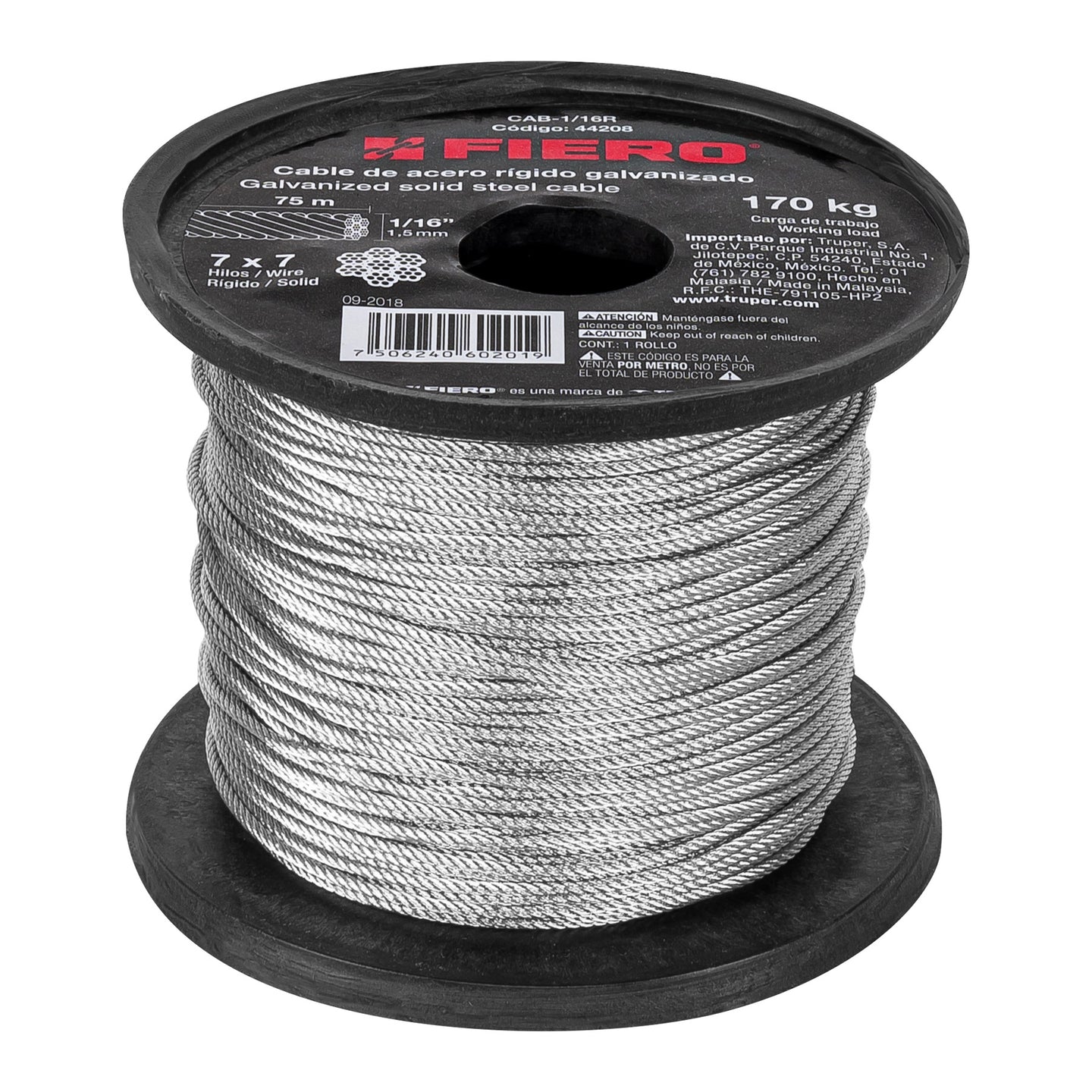 CAB-1/16R Metro de cable rígido 1/16" de acero 7x7 hilos, 75 m, FIERO