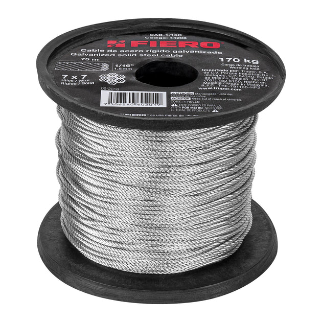 CAB-1/16R Metro de cable rígido 1/16" de acero 7x7 hilos, 75 m, FIERO
