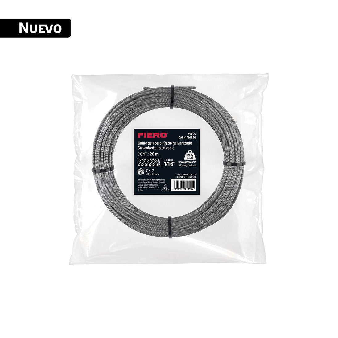 Cable Acero Galvanizado 1/16" 7x7 Fiero | 170 kg Carga | CAB-1/16R20