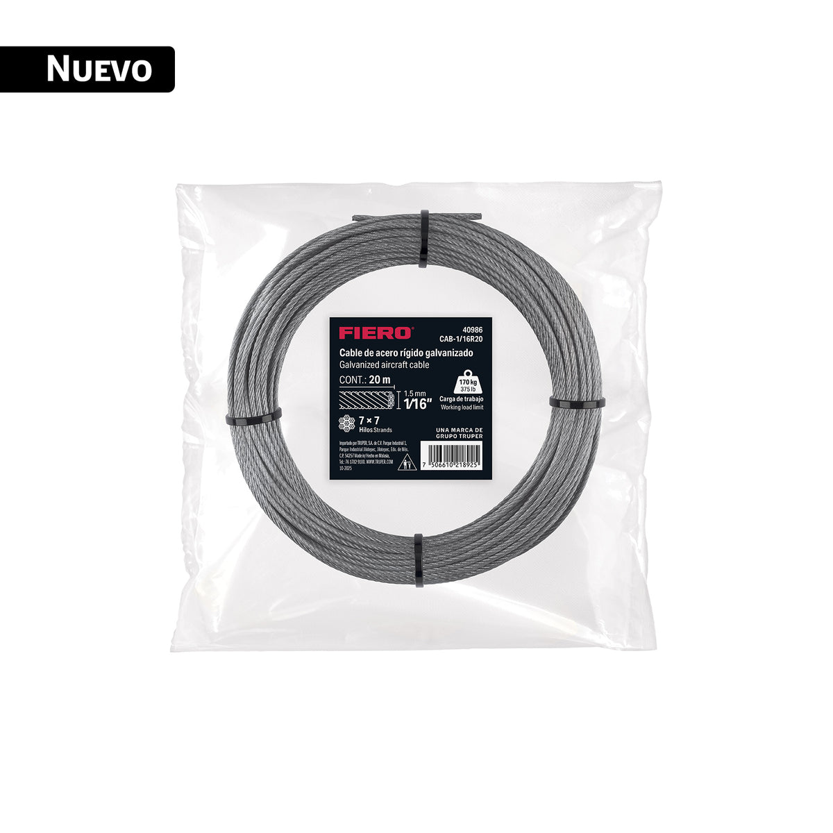 Cable Acero Galvanizado 1/16" 7x7 Fiero | 170 kg Carga | CAB-1/16R20