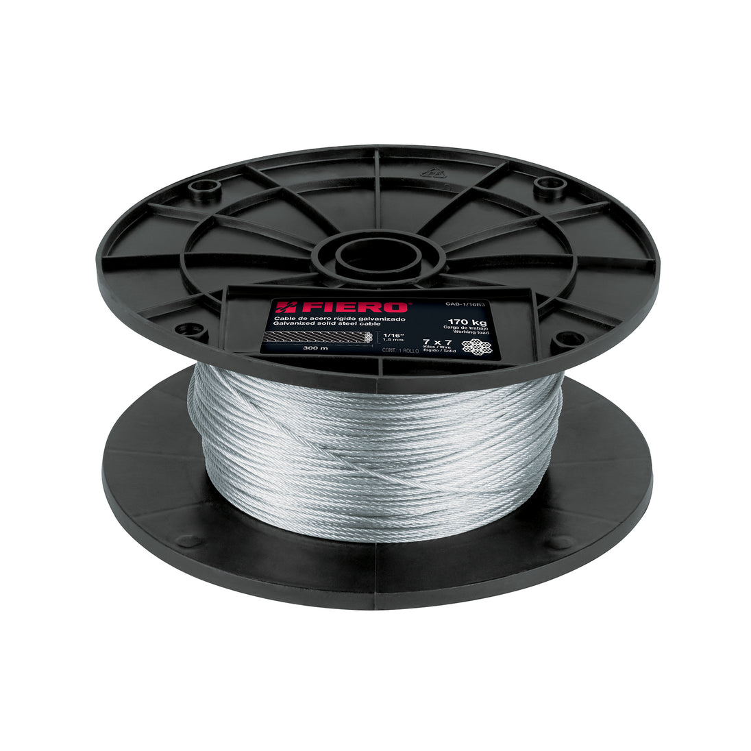CAB-1/16R3 Metro de cable rígido 1/16" de acero 7x7 hilos, 300 m, FIERO