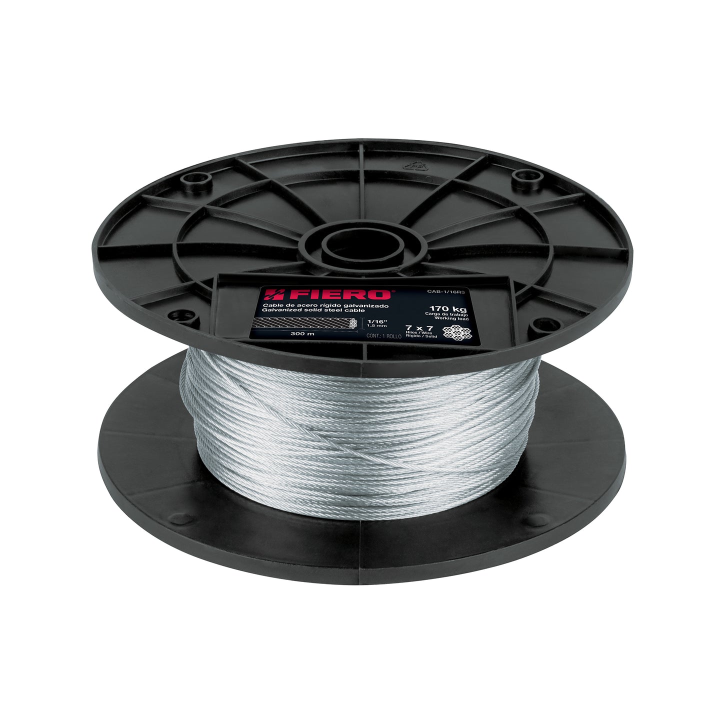 CAB-1/16R3 Metro de cable rígido 1/16" de acero 7x7 hilos, 300 m, FIERO