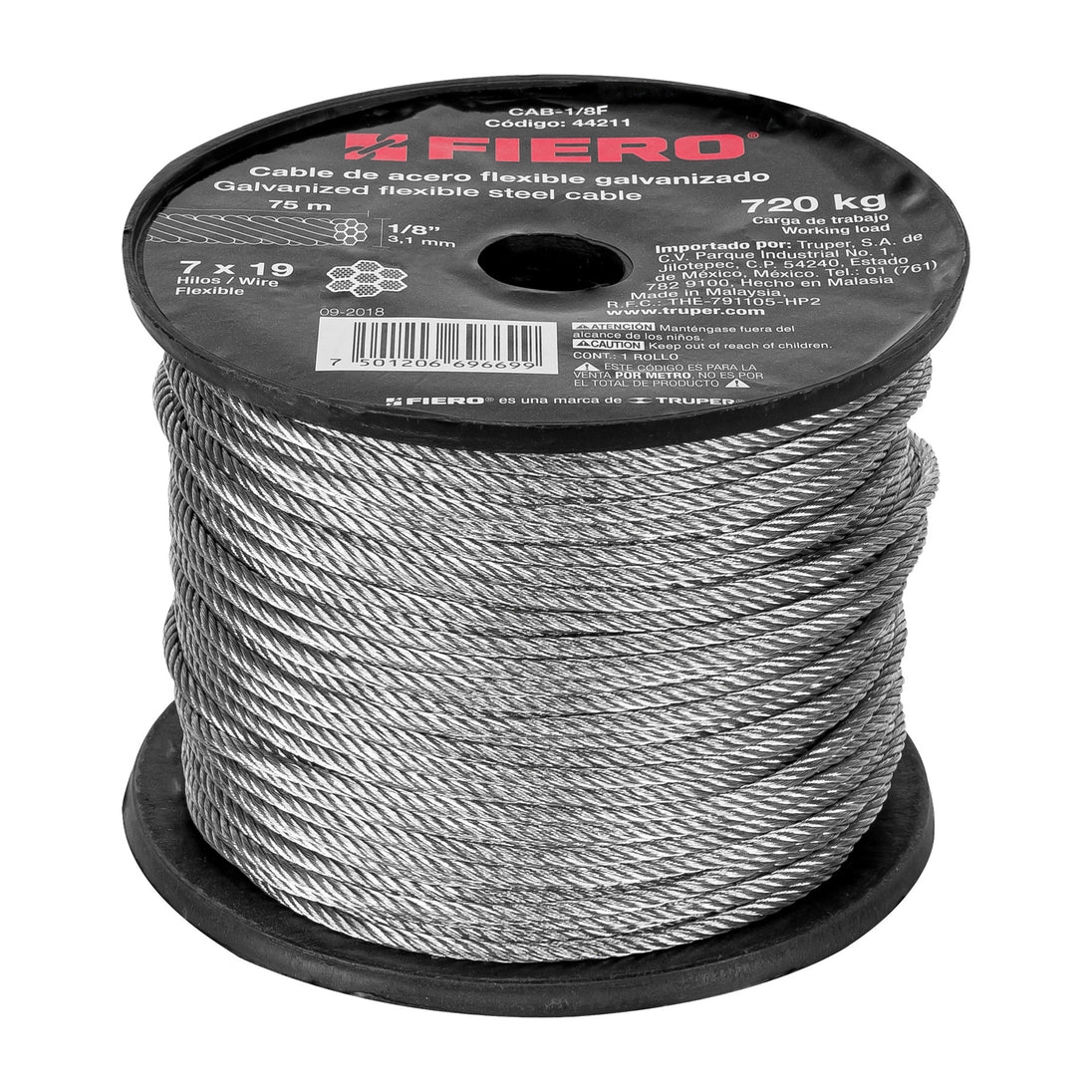 CAB-1/8F Metro de cable flexible 1/8" de acero 7x19 hilos, 75 m