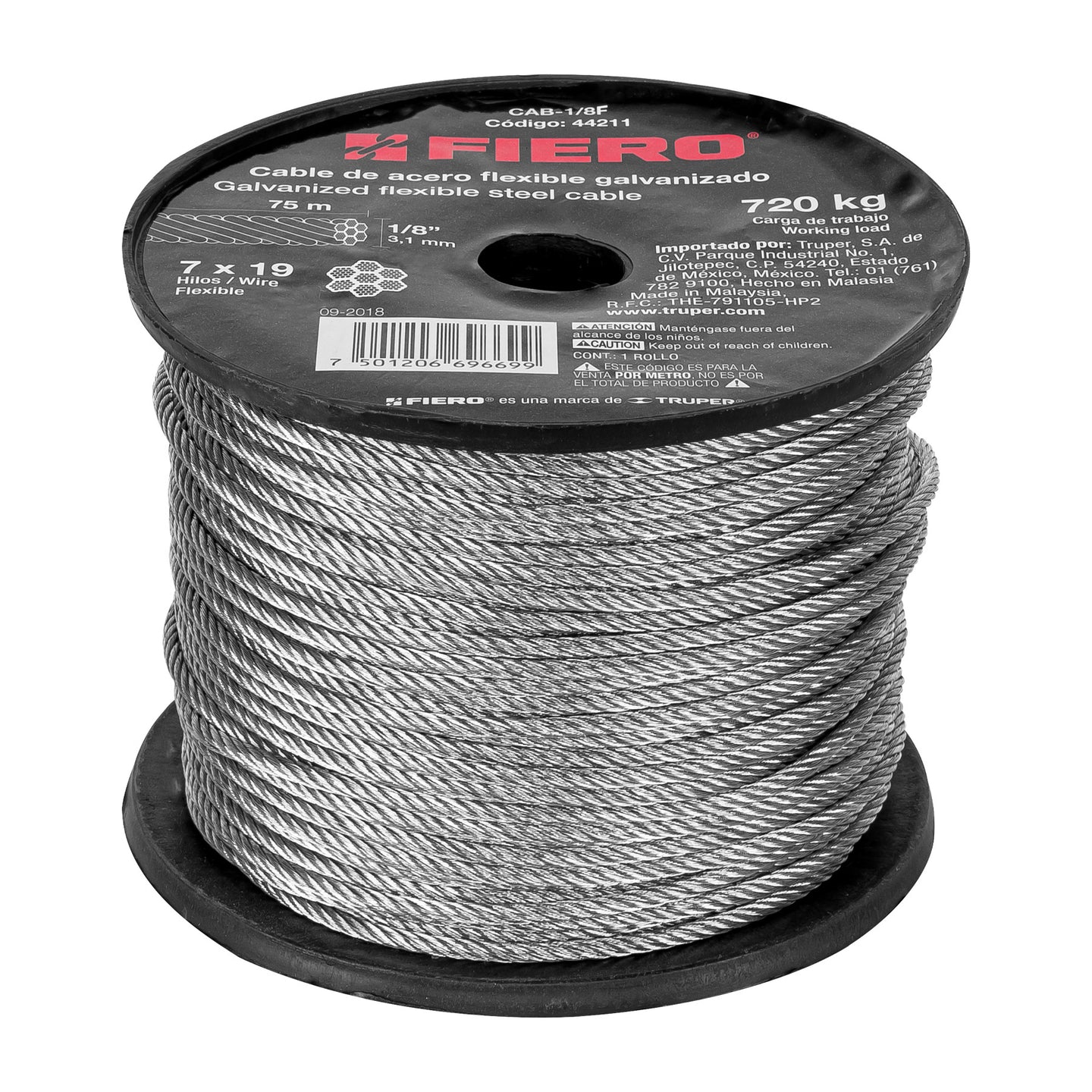 CAB-1/8F Metro de cable flexible 1/8" de acero 7x19 hilos, 75 m