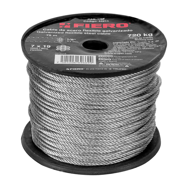 CAB-1/8F Metro de cable flexible 1/8" de acero 7x19 hilos, 75 m