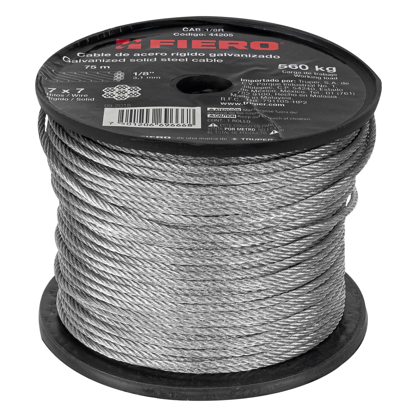 CAB-1/8R Metro de cable rígido 1/8" de acero 7x7 hilos, 75 m, FIERO