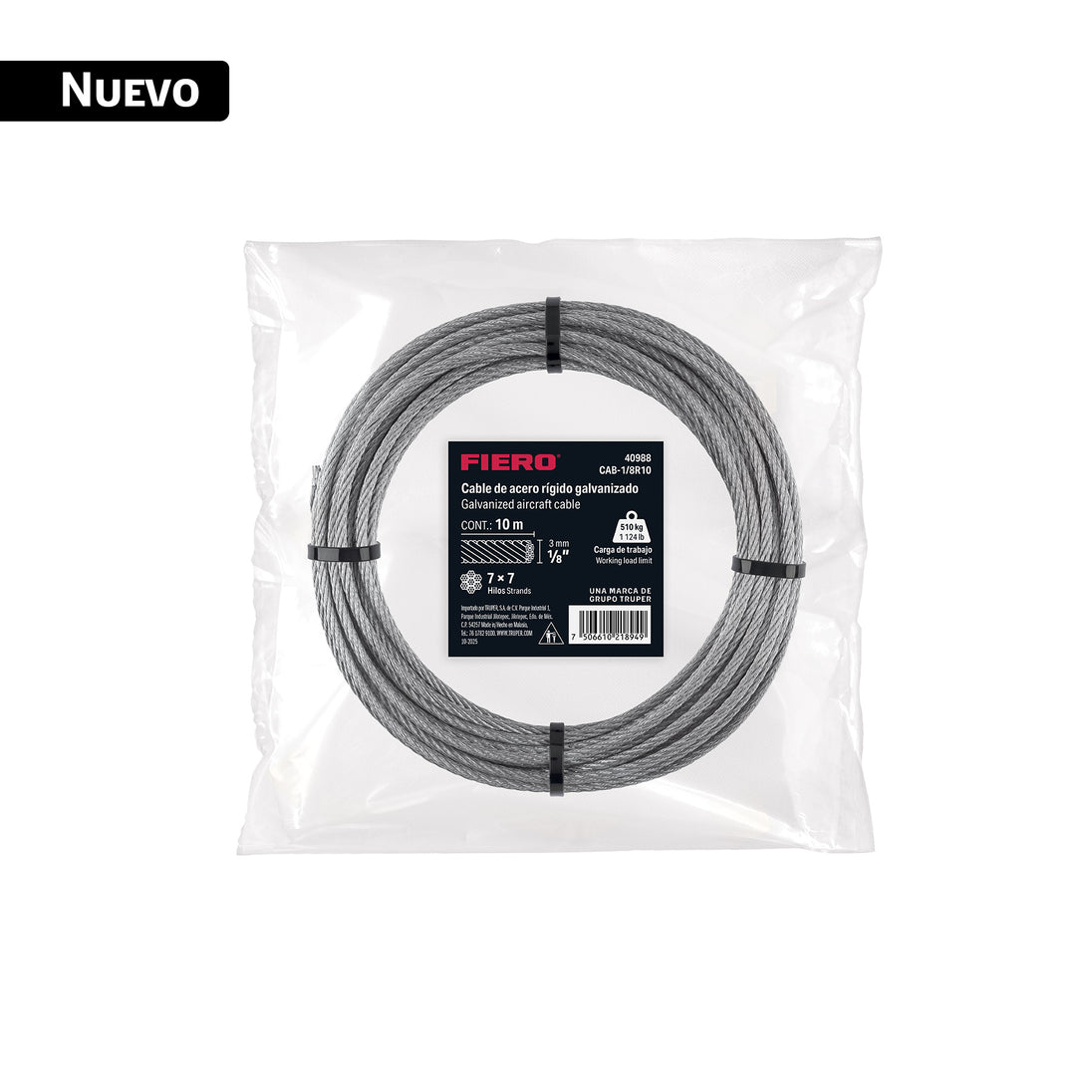 Cable Acero Galvanizado 1/8" 7x7 Fiero CAB-1/8R10 | 510 kg
