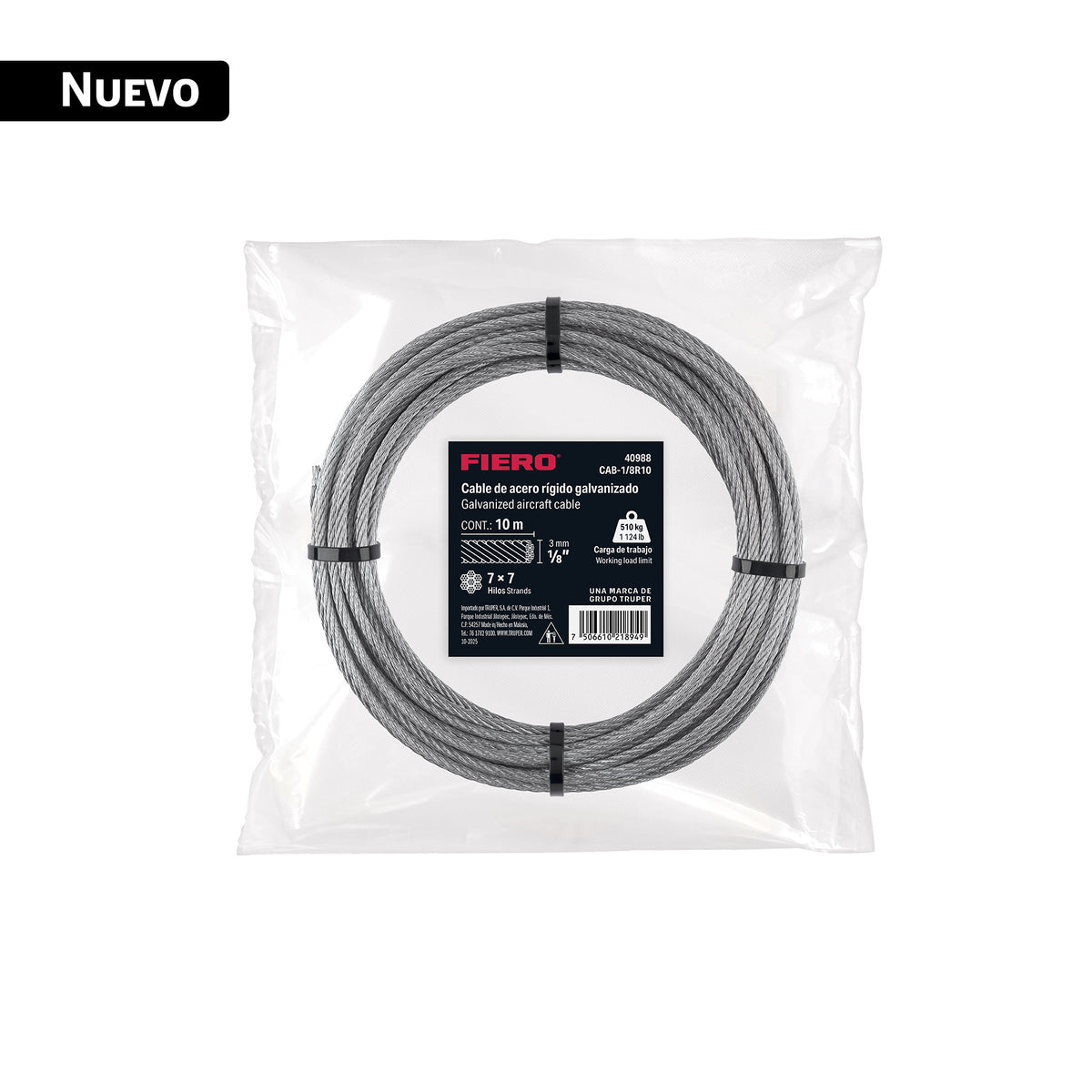 Cable Acero Galvanizado 1/8" 7x7 Fiero CAB-1/8R10 | 510 kg