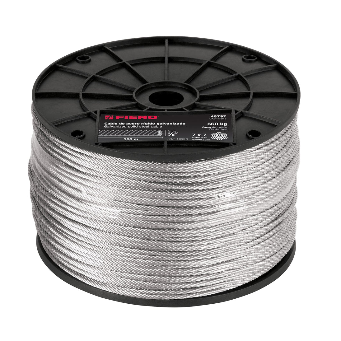 CAB-1/8R3 Metro de cable rígido 1/8" de acero 7x7 hilos, 300 m, FIERO