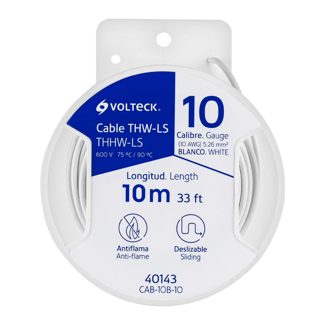 CAB-10B-10 Carrete con 10 m de cable THHW-LS 10 AWG blanco, VOLTECK