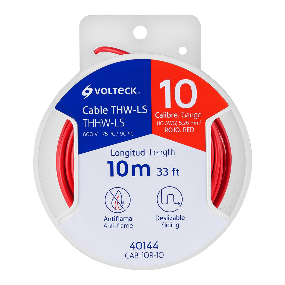 CAB-10R-10 Carrete con 10 m de cable THHW-LS 10 AWG rojo, VOLTECK