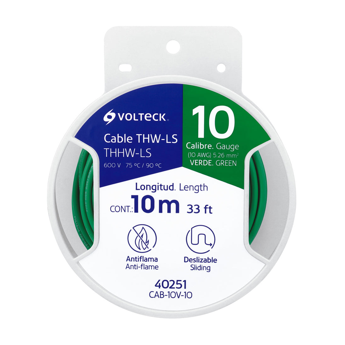 CAB-10V-10 Carrete con 10 m de cable THHW-LS 10 AWG verde, VOLTECK