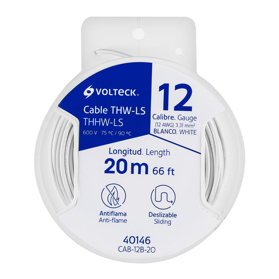 CAB-12B-20 Carrete con 20 m de cable THHW-LS 12 AWG blanco, VOLTECK