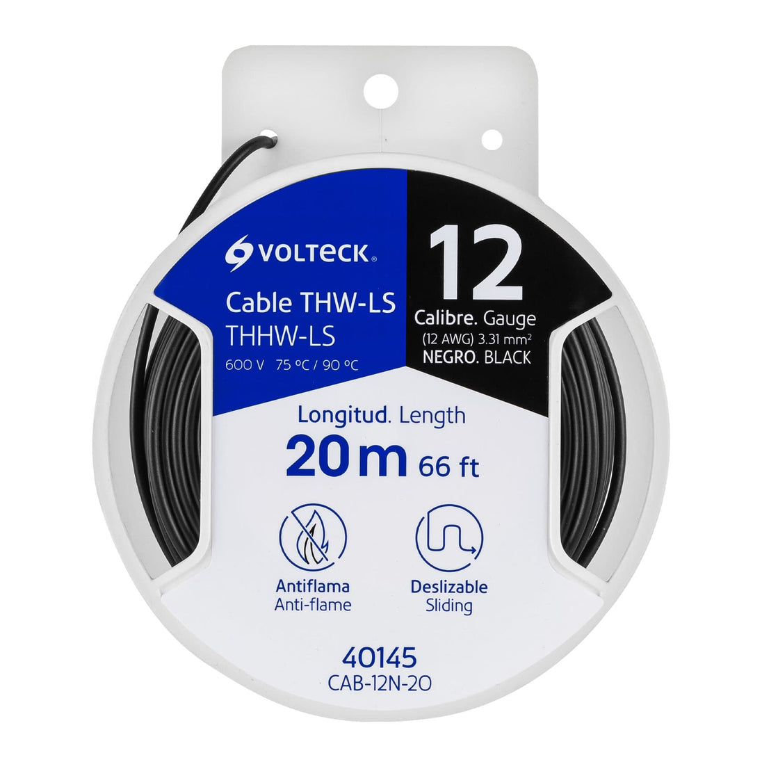 CAB-12N-20 Carrete con 20 m de cable THHW-LS 12 AWG negro, VOLTECK