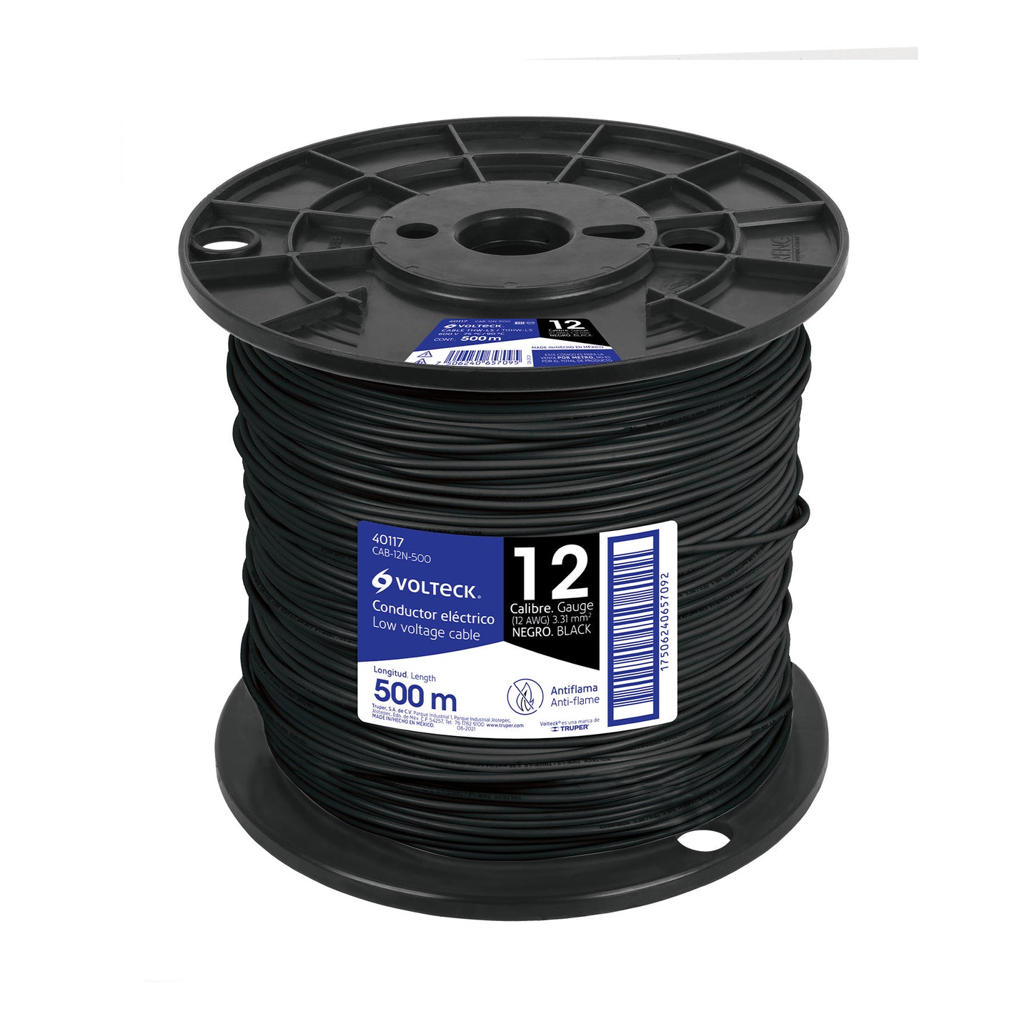 CAB-12N-500 Metro de cable THHW-LS 12 AWG negro en carrete de 500 m
