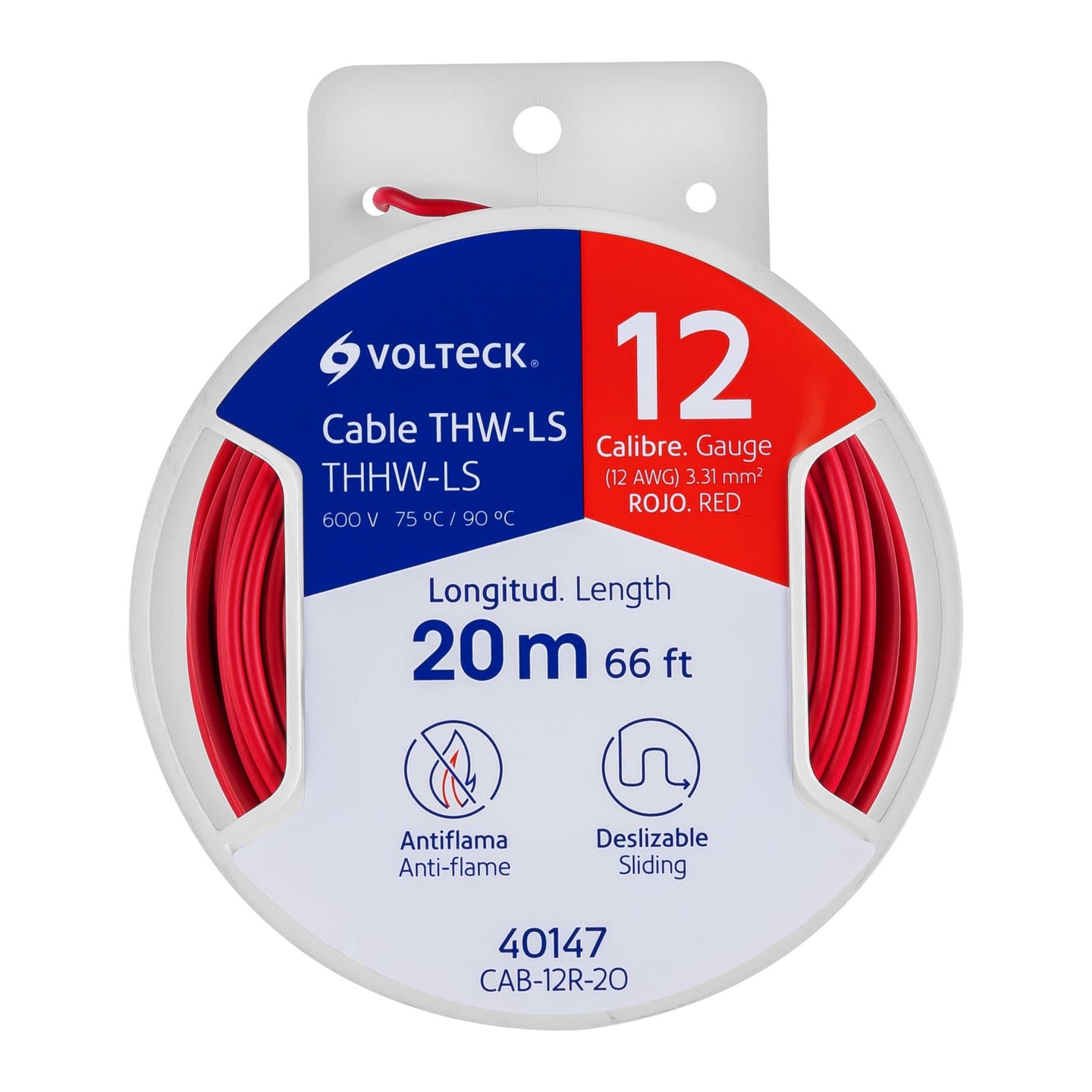 CAB-12R-20 Carrete con 20 m de cable THHW-LS 12 AWG rojo, VOLTECK