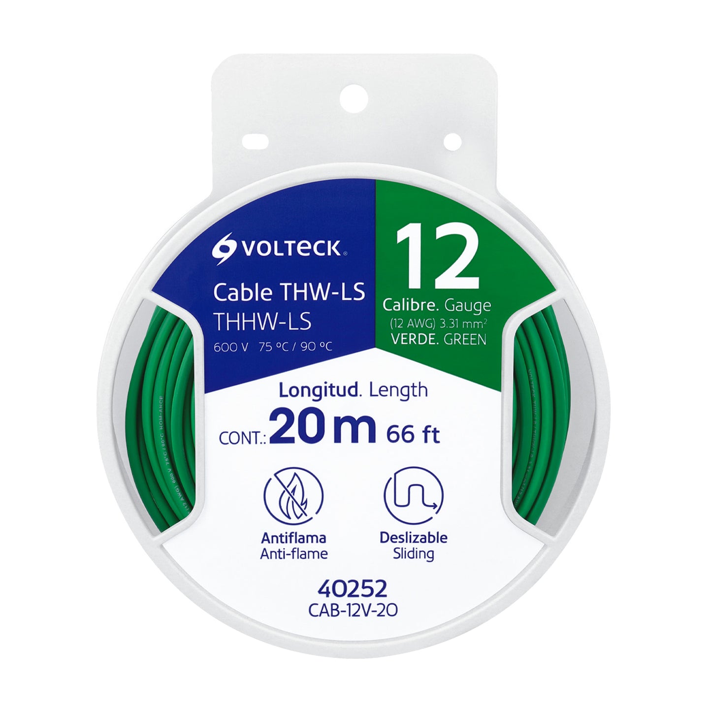 CAB-12V-20 Carrete con 20 m de cable THHW-LS 12 AWG verde, VOLTECK