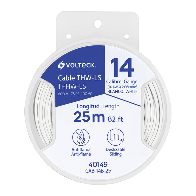CAB-14B-25 Carrete con 25 m de cable THHW-LS 14 AWG blanco, VOLTECK