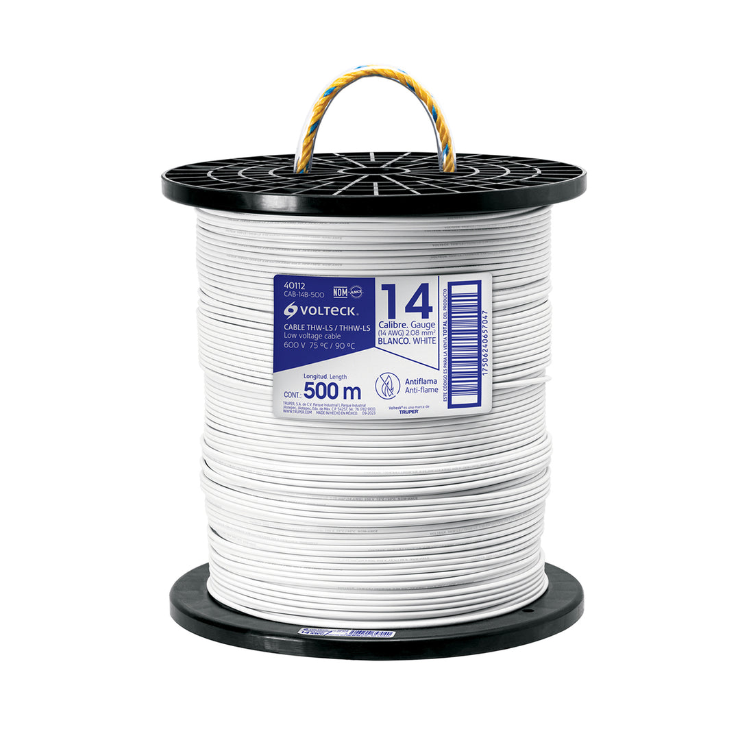 CAB-14B-500 Metro de cable THHW-LS 14 AWG blanco en carrete de 500 m