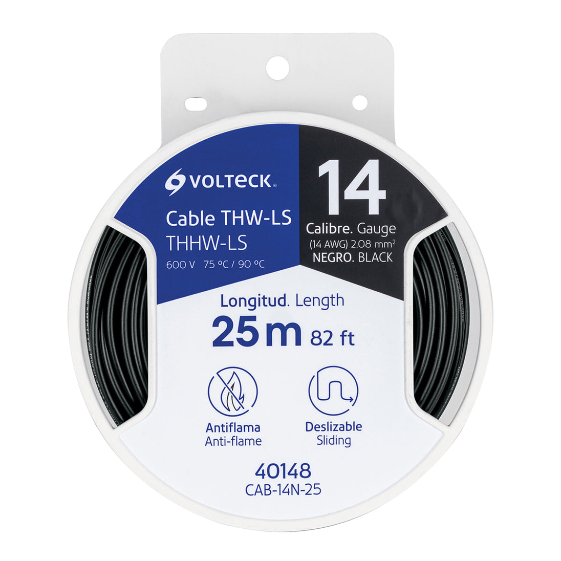 CAB-14N-25 Carrete con 25 m de cable THHW-LS 14 AWG negro, VOLTECK