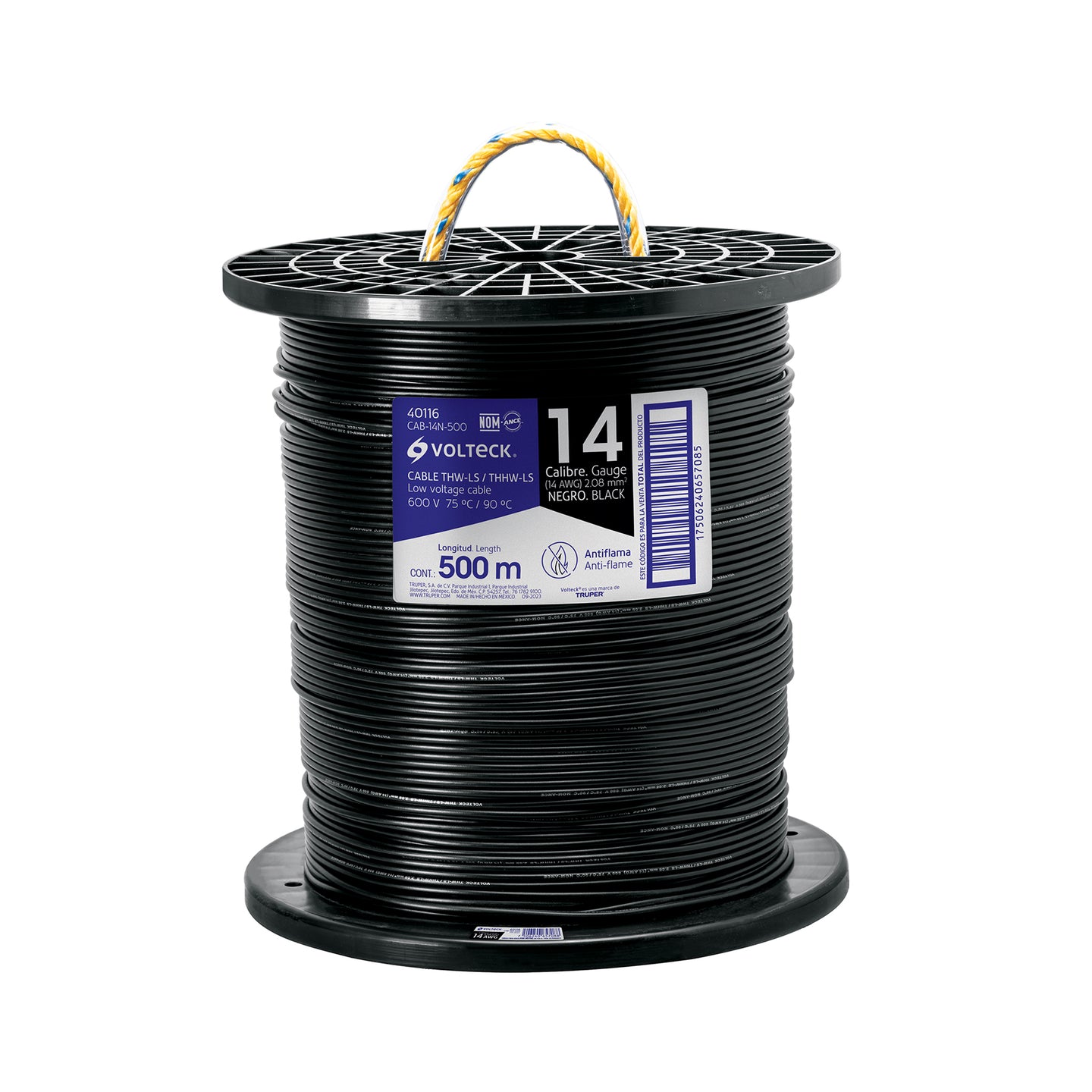 CAB-14N-500 Metro de cable THHW-LS 14 AWG negro en carrete de 500 m