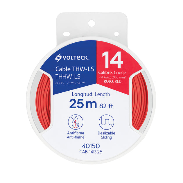 CAB-14R-25 Carrete con 25 m de cable THHW-LS 14 AWG rojo, VOLTECK