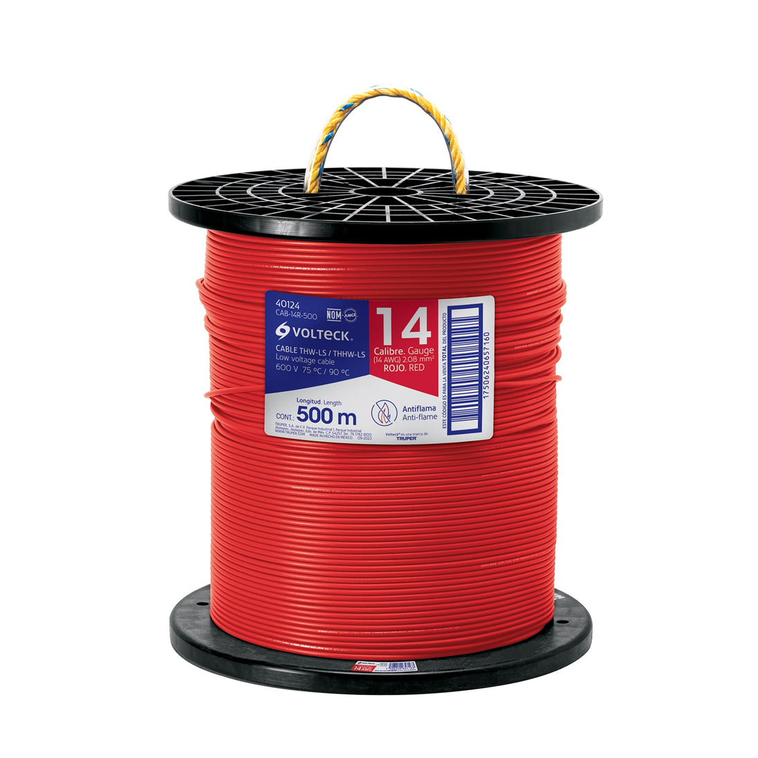 CAB-14R-500 Metro de cable THHW-LS 14 AWG rojo en carrete de 500 m