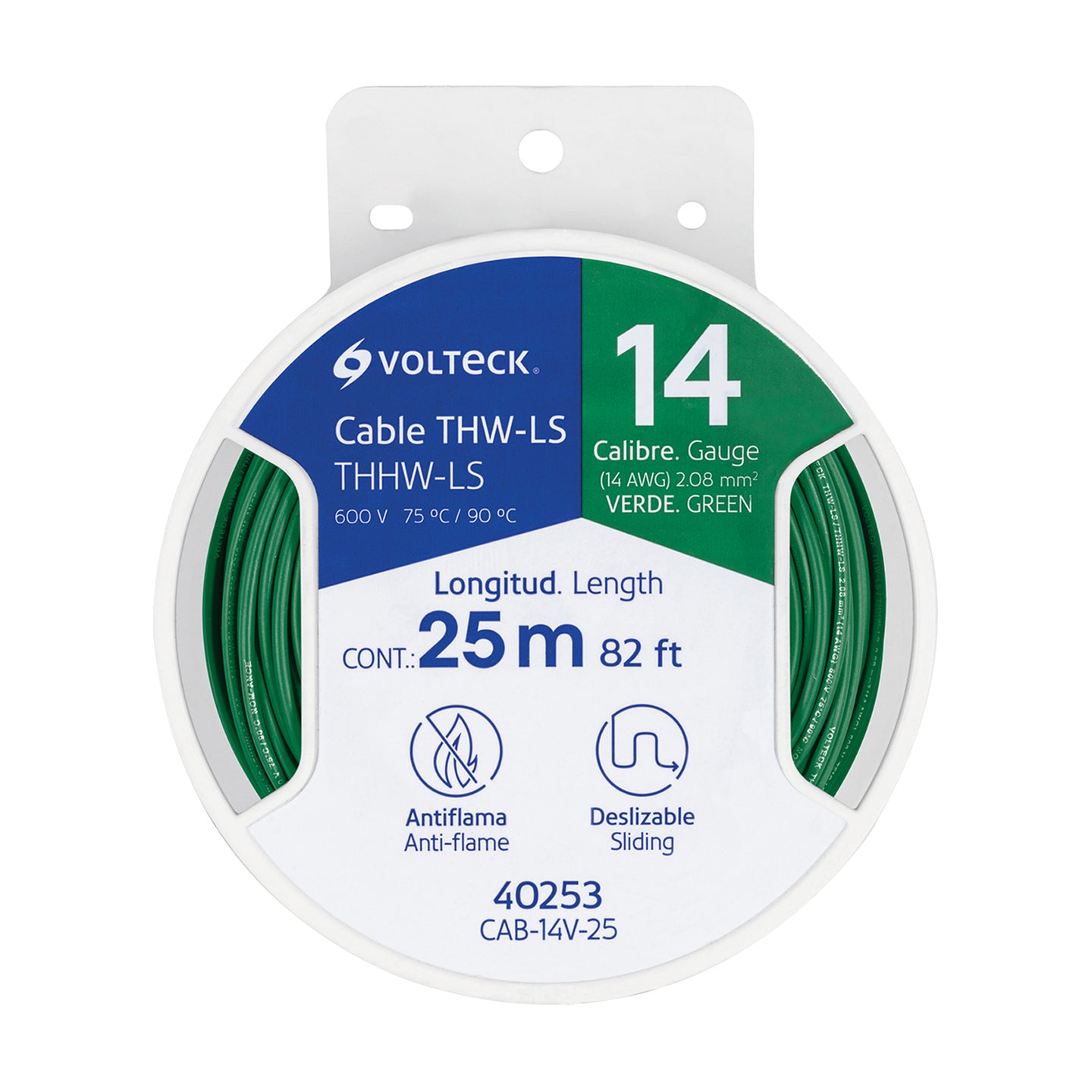 CAB-14V-25 Carrete con 25 m de cable THHW-LS 14 AWG verde, VOLTECK