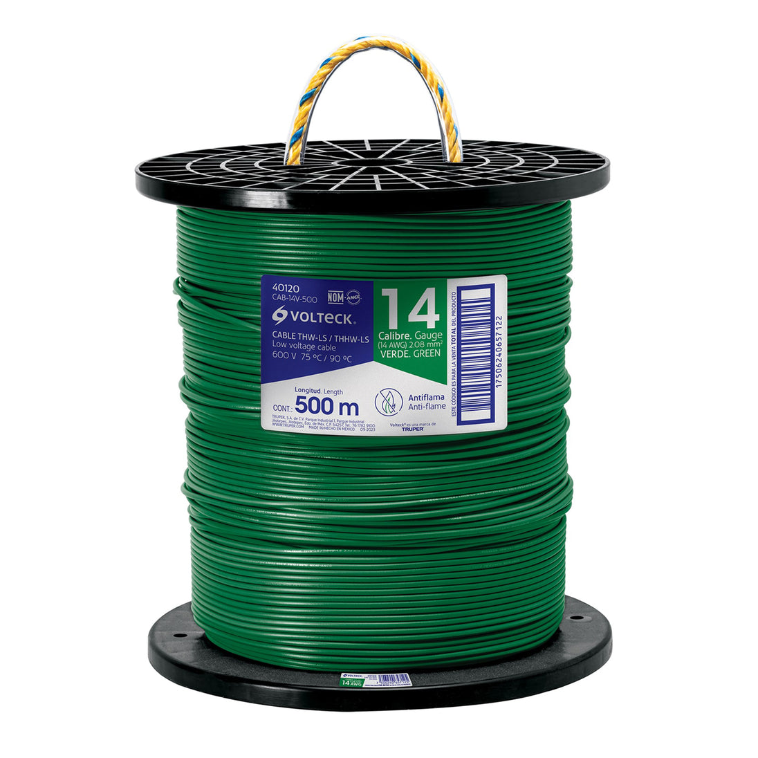 CAB-14V-500 Metro de cable THHW-LS 14 AWG verde en carrete de 500 m