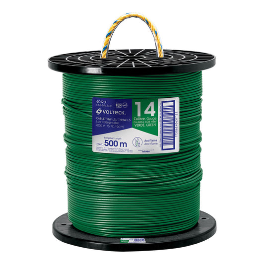CAB-14V-500 Metro de cable THHW-LS 14 AWG verde en carrete de 500 m