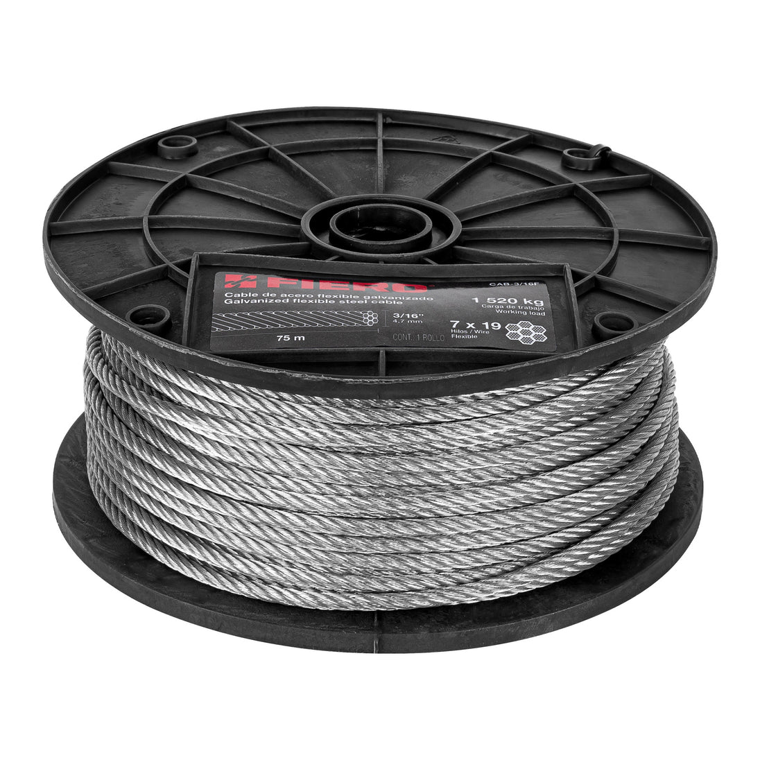 CAB-3/16F Metro de cable flexible 3/16" de acero 7x19 hilos, 75 m