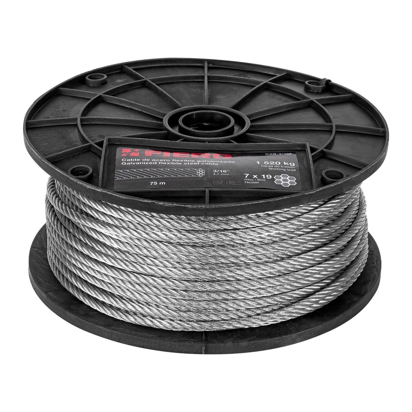 CAB-3/16F Metro de cable flexible 3/16" de acero 7x19 hilos, 75 m