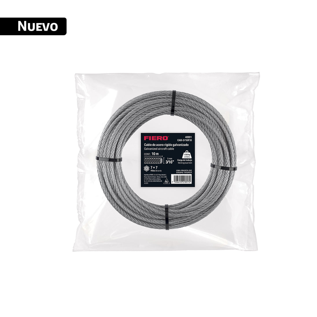 Cable Acero Galvanizado 3/16" 7x7 Fiero | 1,320 kg WLL