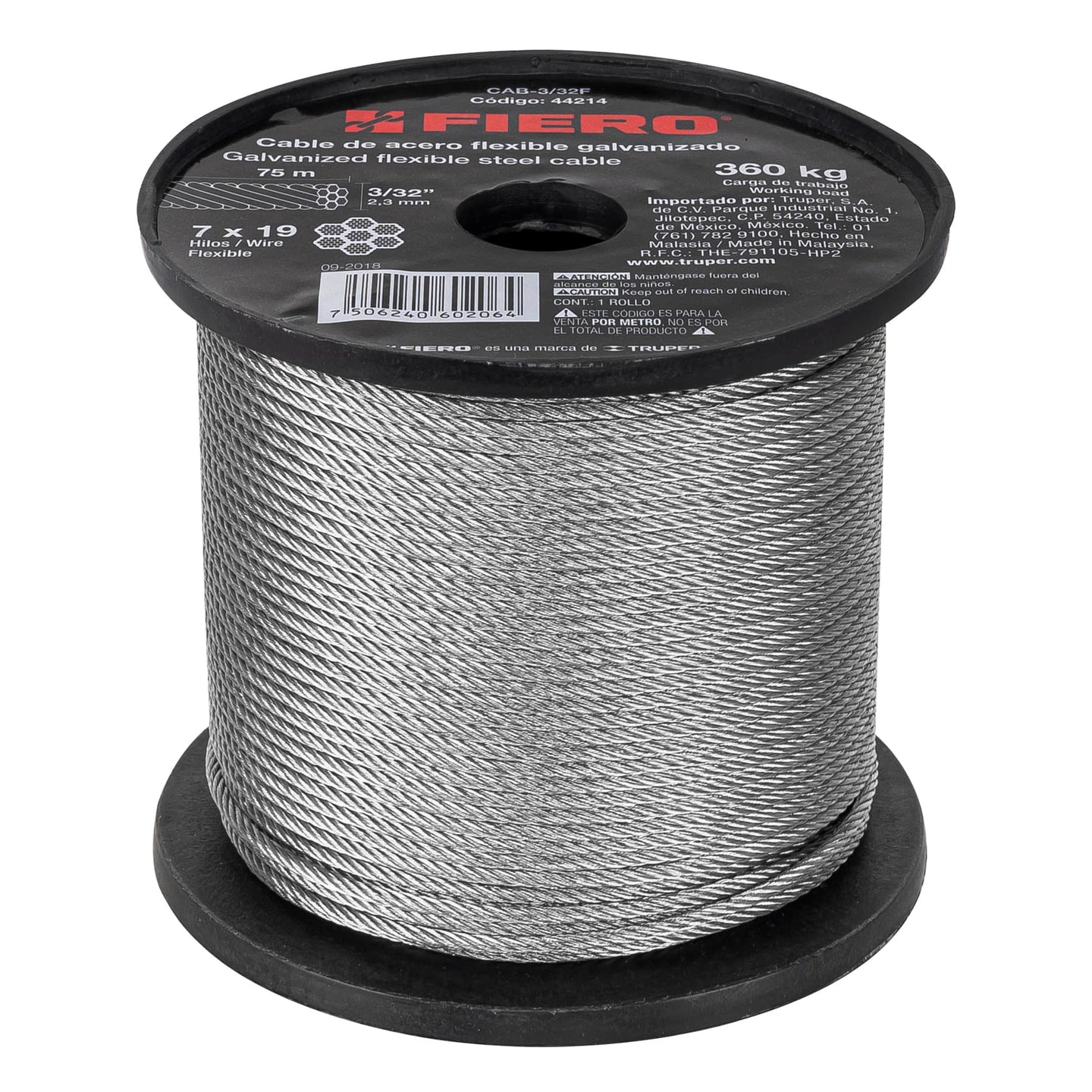 CAB-3/32F Metro de cable flexible 3/32" de acero 7x19 hilos, 75 m
