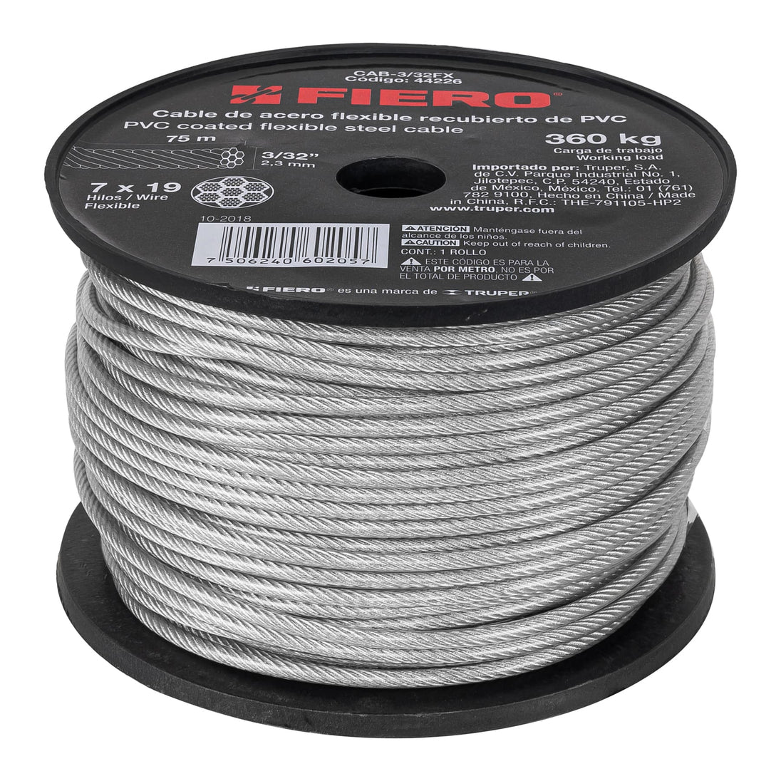 CAB-3/32FX Metro cable flexible 3/32" acero 7x19 recubierto PVC, 75 m