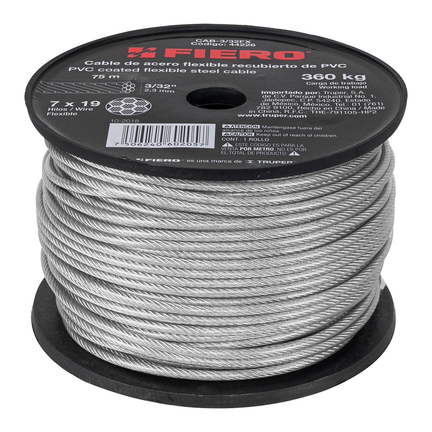 CAB-3/32FX Metro cable flexible 3/32" acero 7x19 recubierto PVC, 75 m