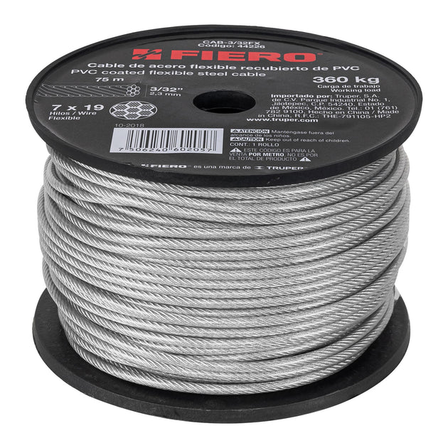 CAB-3/32FX Metro cable flexible 3/32" acero 7x19 recubierto PVC, 75 m