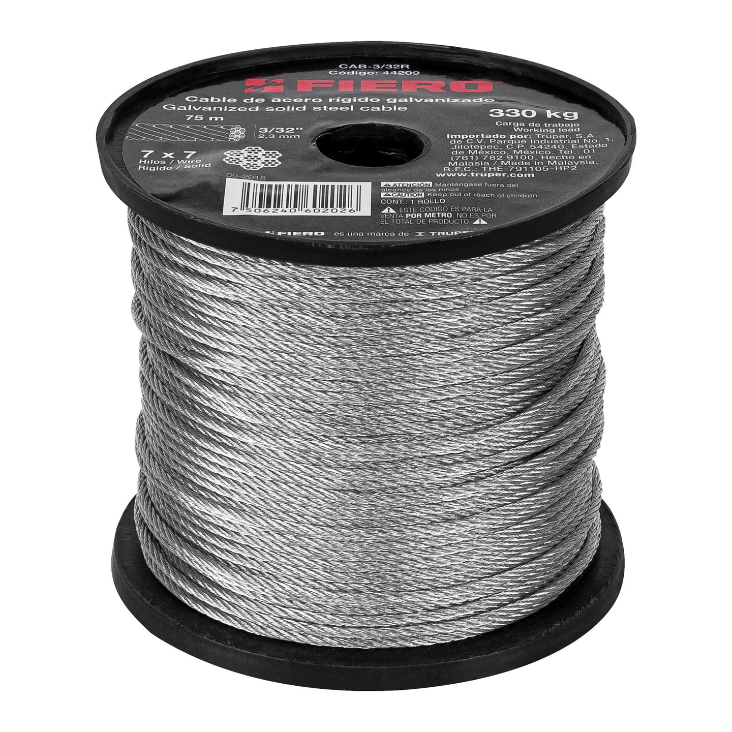 CAB-3/32R Metro de cable rígido 3/32" de acero 7x7 hilos, 75 m, FIERO