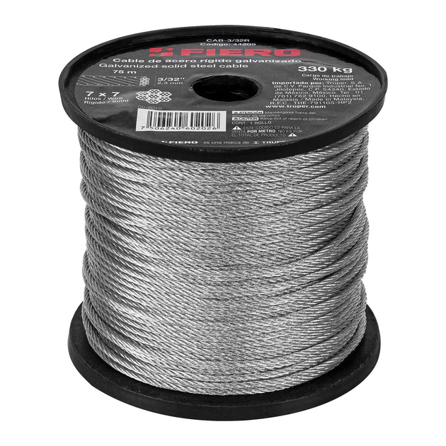 CAB-3/32R Metro de cable rígido 3/32" de acero 7x7 hilos, 75 m, FIERO