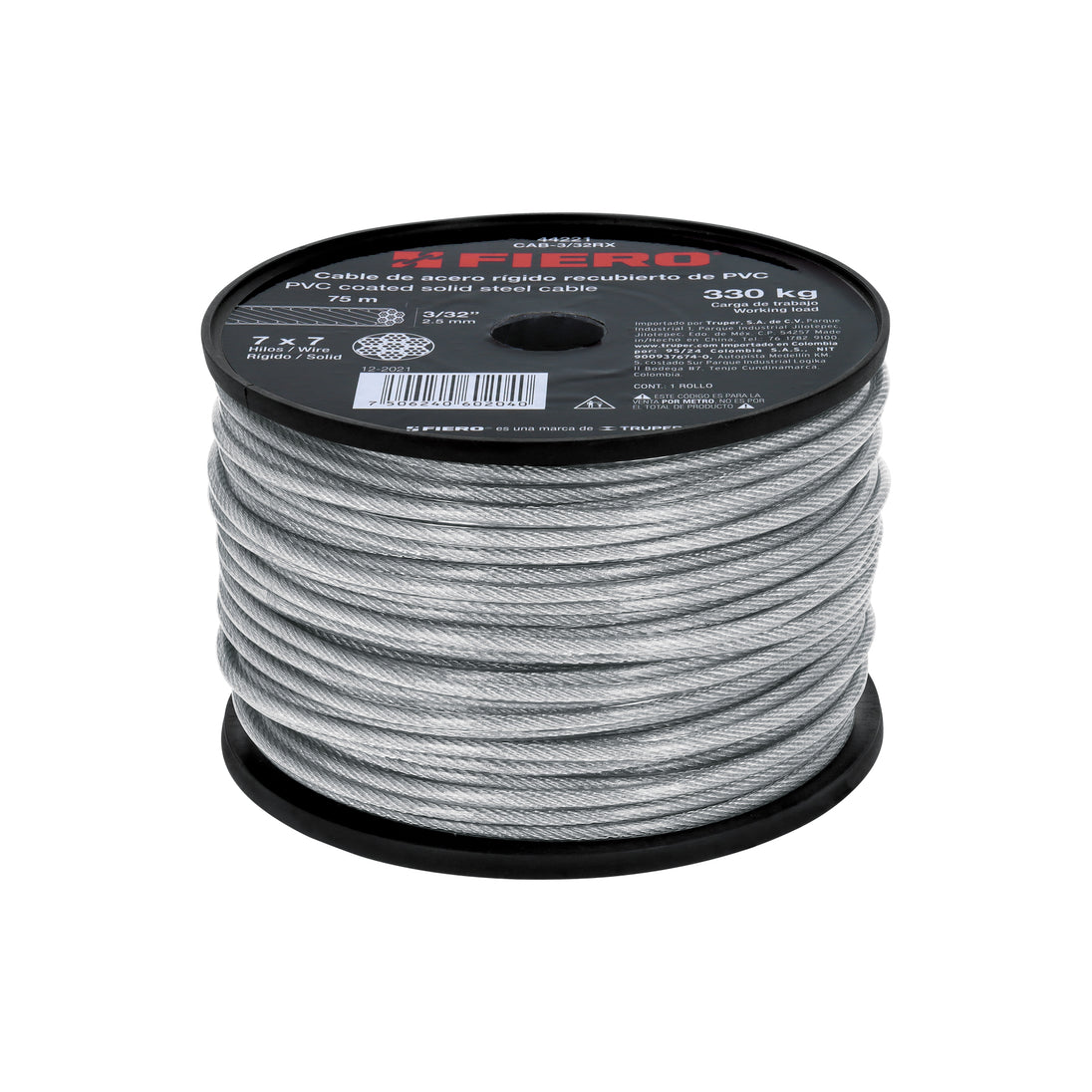CAB-3/32RX Metro de cable rígido 3/32" acero 7x7 recubierto PVC, 75 m