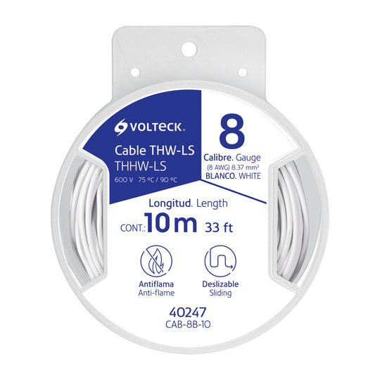 CAB-8B-10 Carrete con 10 m de cable THHW-LS 8 AWG blanco, VOLTECK
