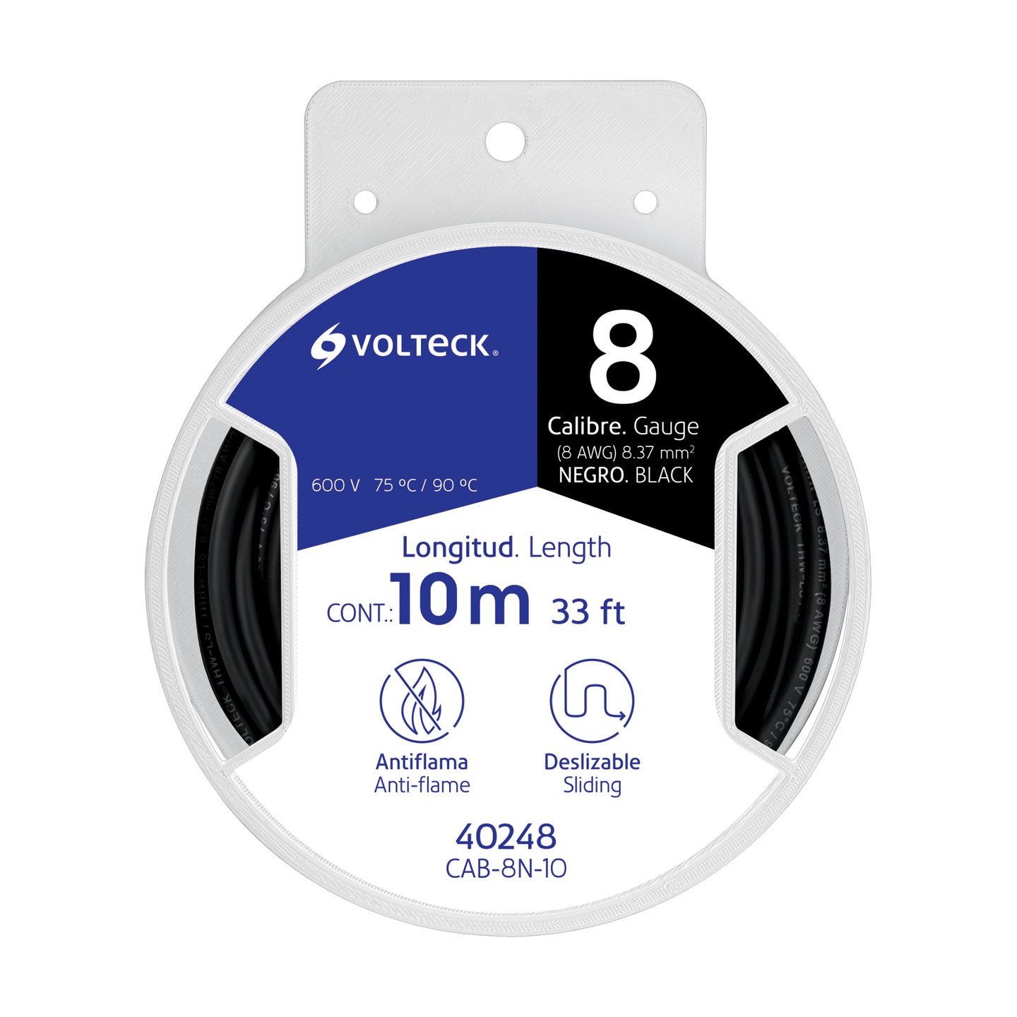 CAB-8N-10 Carrete con 10 m de cable THHW-LS 8 AWG negro, VOLTECK