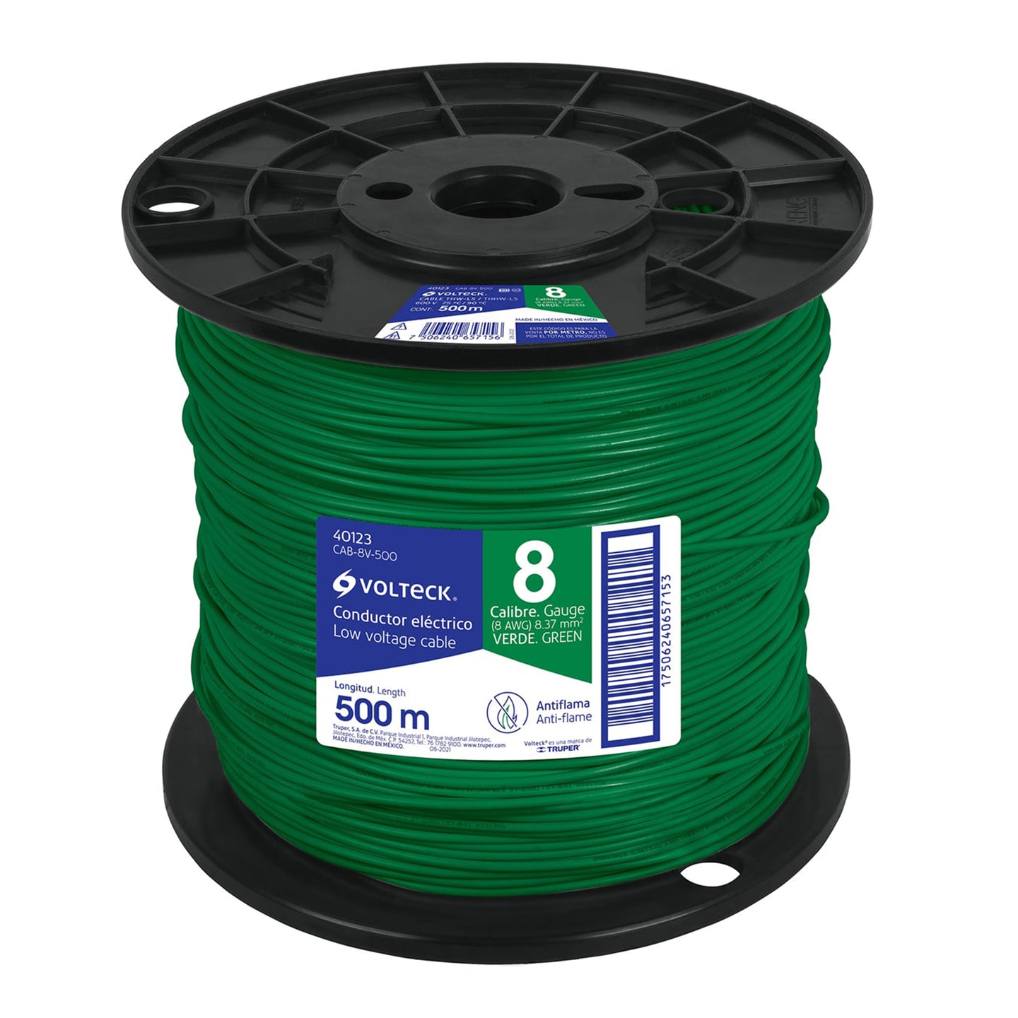 CAB-8V-500 Metro de cable THHW-LS 8 AWG verde en carrete de 500 m