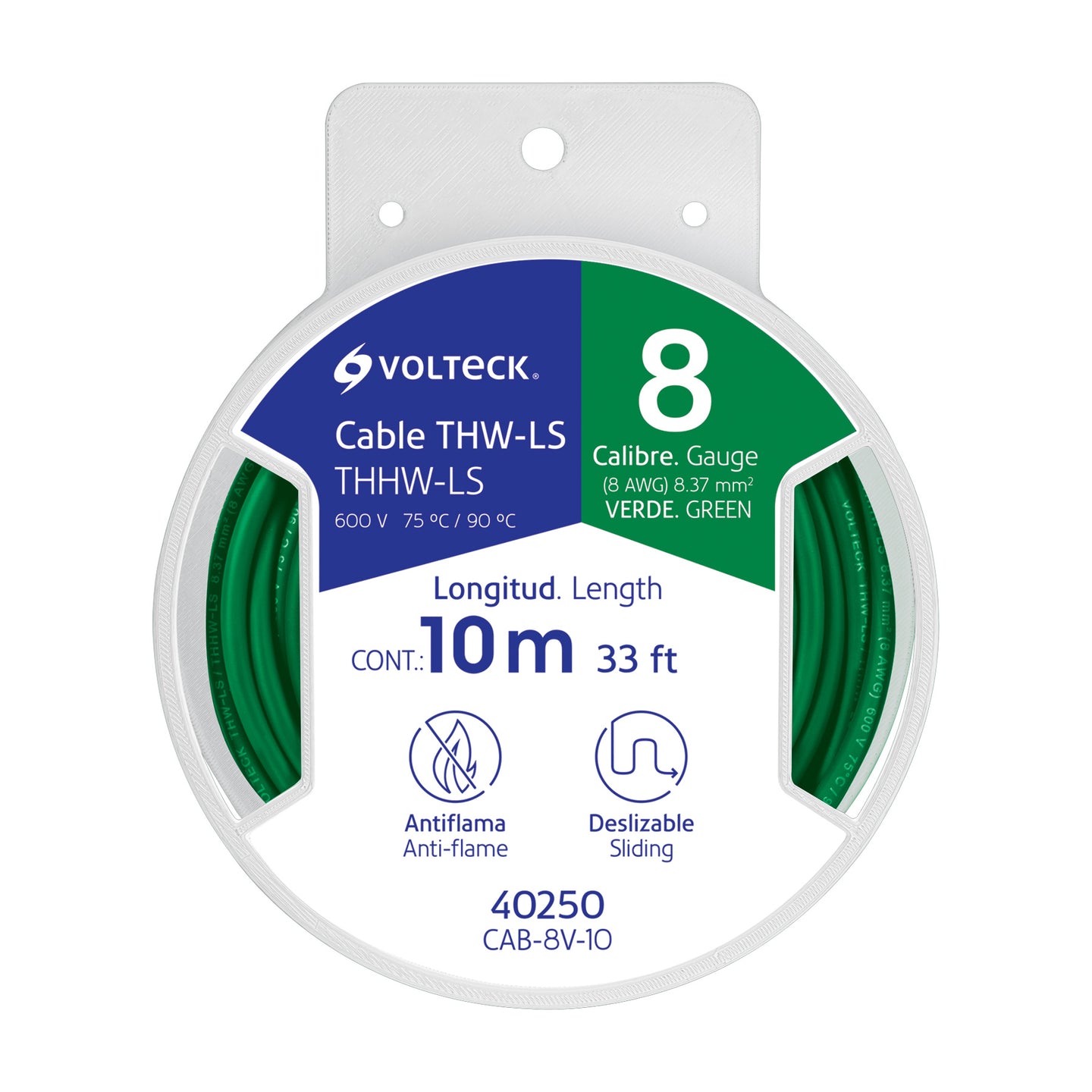 CAB-8V-10 Carrete con 10 m de cable THHW-LS 8 AWG verde, VOLTECK