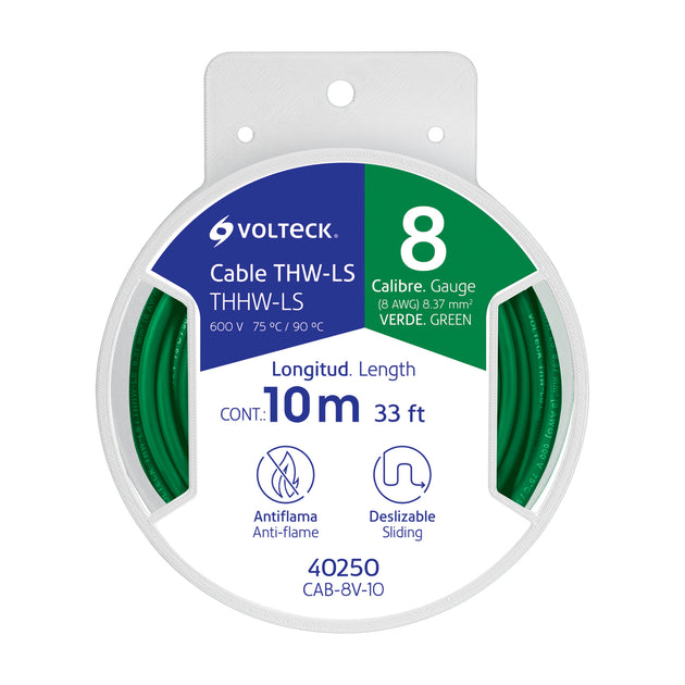 CAB-8V-10 Carrete con 10 m de cable THHW-LS 8 AWG verde, VOLTECK
